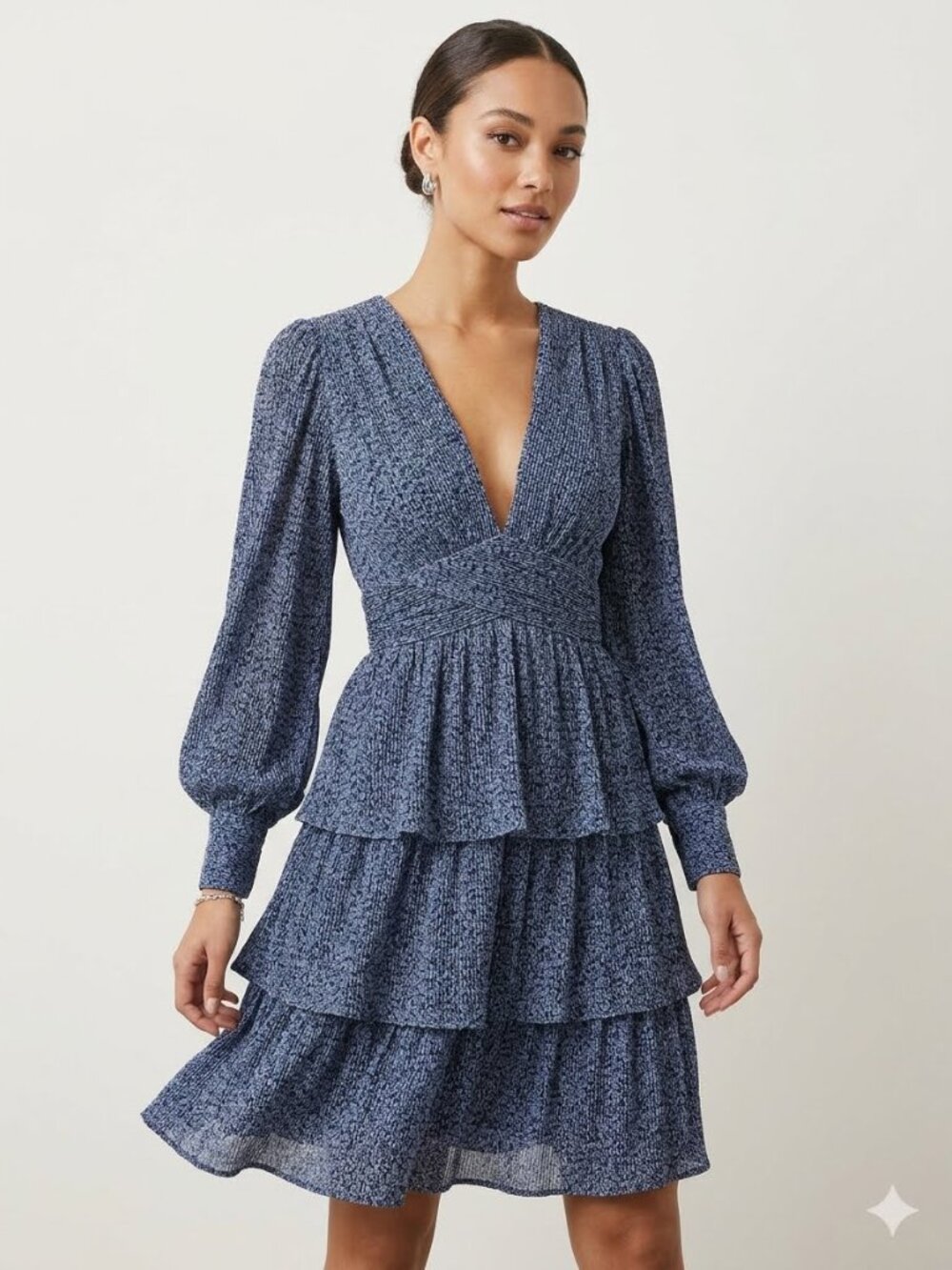 Sabina Musayev Dark Blue Long Sleeve, Deep V-neck Ruffle Dress,xs